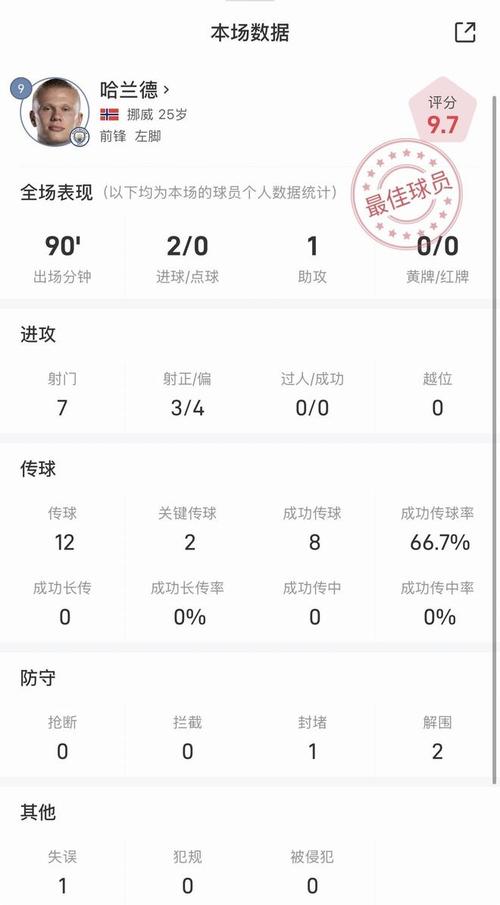 哈兰德本场数据：2进球2错失进球机会2解围，评分9.1全场最高